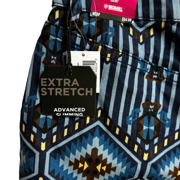 Rock & Roll Denim High Rise Skirt W 26 Blue Tribal Print Extra Stretch Advanced - Picture 4 of 7